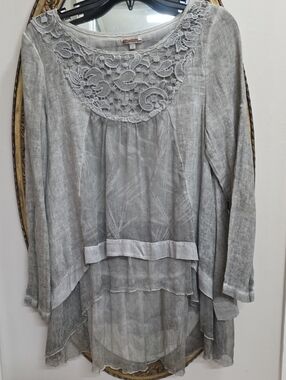 Zucar Light Gray Lace-Yoke Layered Tunic Size S Bohemian Dyed Relaxed